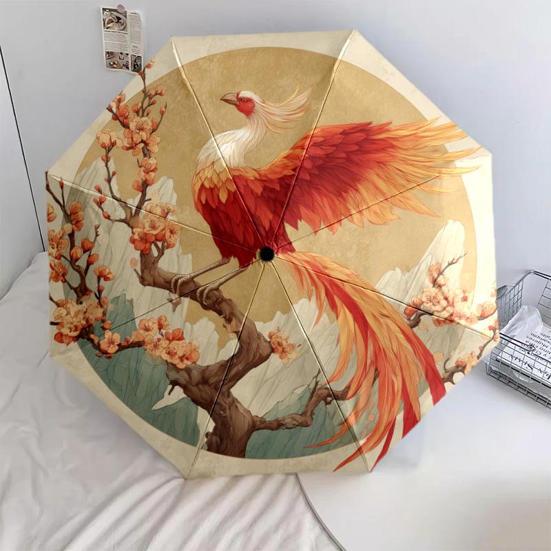 Branch Bird Pattern, Automatic Folding Umbrella, Portable and Foldable Design, 8 Ribs, a Christmas or Birthday Gift.