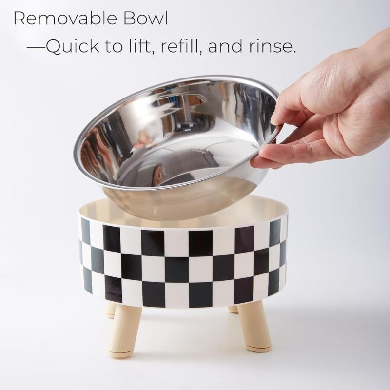 Elevated Dog Bowl Stand With Feeders Dishes For Most Dog Size Checkered Print Food Dish Stainless Steel