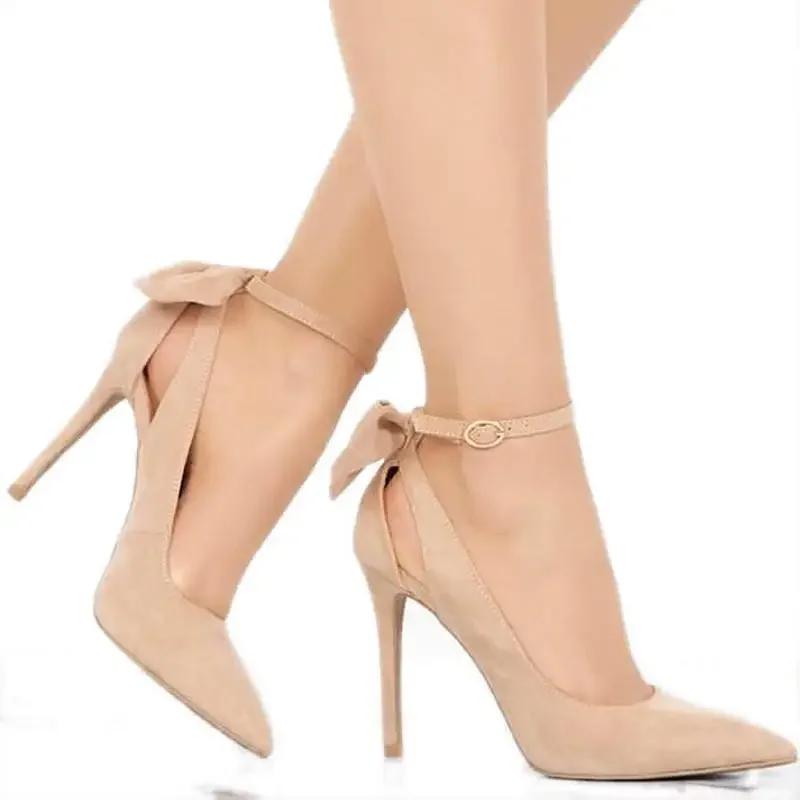 Women's High Heels Bow Tie Back Sexy Stiletto Pumps Pointed Toe Bowknot 11cm Sexy Ankle Strap High Heeled Female Wedding Shoes