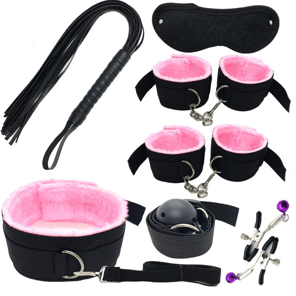 Sexy Nylon BDSM Kit Plush Sex Bondage Set Handcuffs Sex Game Whip Gag Nipple Clip Sex Toy