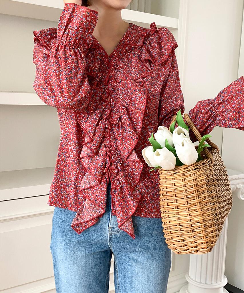 Ppaeppae V-Neck Frill Flower Blouse