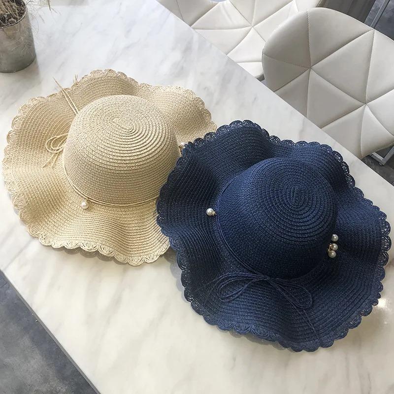 Korean Style Pearl Wide Brim Straw Hat Women Wave Brim Sun Hat For Beach Outdoor