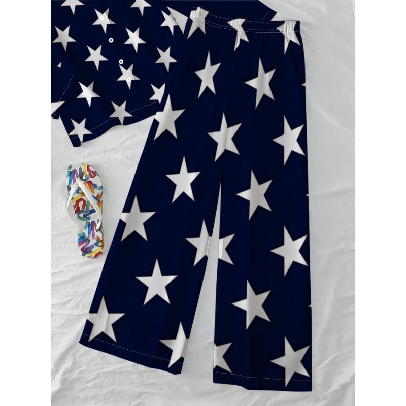 Navy Blue and White Star Printed Shirt, Wide-leg Pants Suit, Women's Casual Resort Style Long-sleeved Trousers Two-piece Set