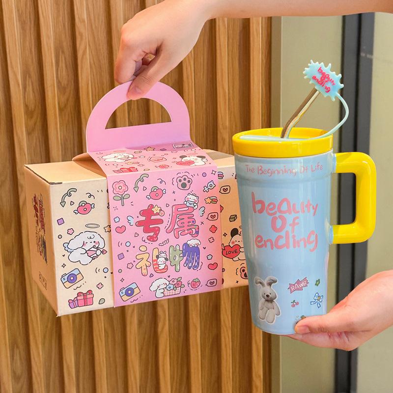 Ins High Value Cute Straw Cup for Girls Large Capacity Ceramic Mug with Lid Couple Water Cup Birthday Gift