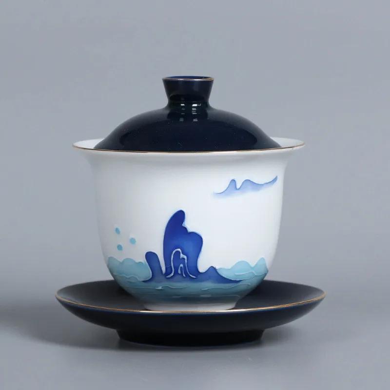 High Quality White Porcelain Gaiwan Portable Ceramic Tea Set Chinese Hand Painted Tea Bowl Tea Ceremony Accessories 170ml