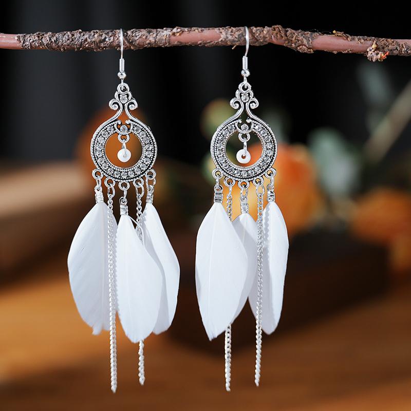 Bohemian Long Feather Drop Earrings For Women Round Crystal Rhinestone Bead Handmade Chain Dangle Beach Earings Pendientes Mujer