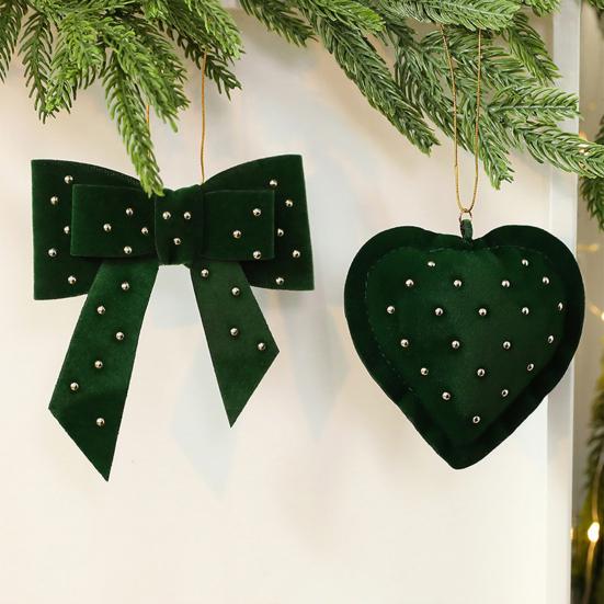 Velvet Christmas Tree Ornaments Rhinestones Heart Bow Shape Hanging Decor for Xmas Tree Window