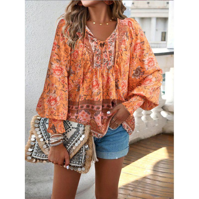 Fall Bohemia New Arrival French Romantic Print Fashion V-neck Lace-up Loose Bubble Long Sleeve Shirt Top