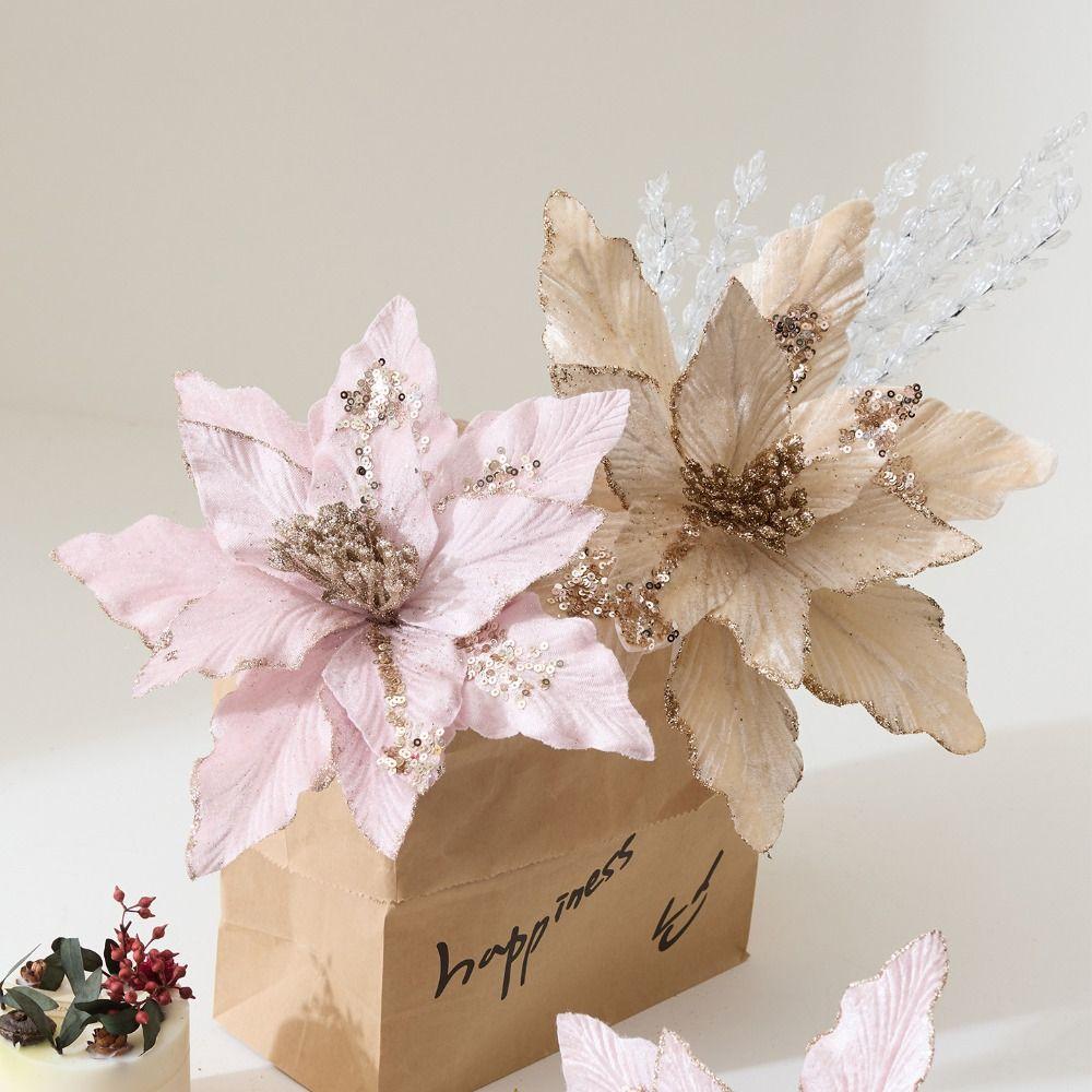 Flannel Fabric Christmas Artificial Flowers Plastic Glitter Glitter Fake Flower 28cm DIY Glitter Poinsettia