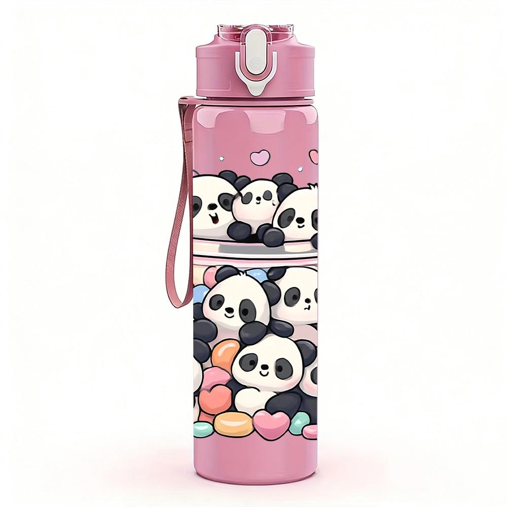 1PC Panda Bear Group Family Cartoon Print 750ml Color Plastic Sports Water Bottle Leakproof Flip Straw Lid Suitable for Sports Office Home Use