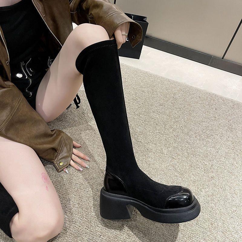 Over-knee Boots 2025 Autumn New Thin Boots Thick-soled Women's Short Boots Versatile Fashion Simple Thick-heeled Elastic Boots
