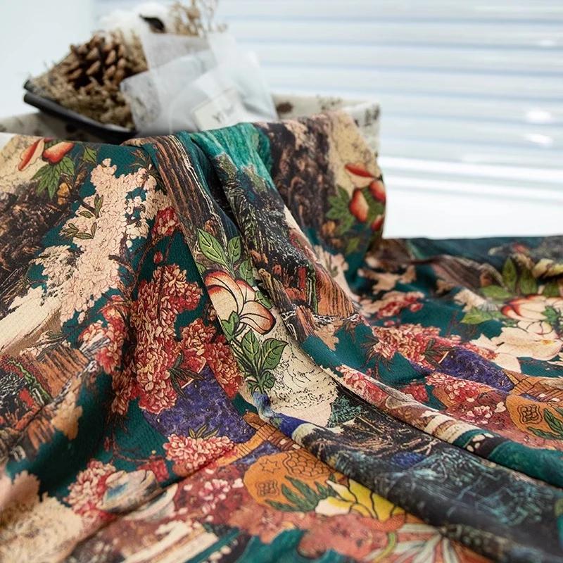 100x150cm Vintage Floral Printed Gambiered Canton Gauze Fabric Simulated Silk Fabric for Sewing Clothes Dress