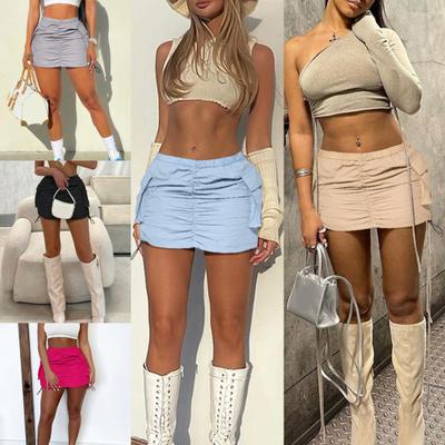 Solid Color Cargo Skirt High Waist Elastic Waistband Pleated Drawstring Hem Side Pockets Sport