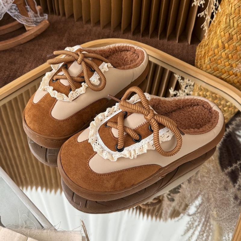 New Retro Leather Color Matching Tether German Training Shoes Autumn and Winter Indoor Household Velvet Warm Non-slip Cotton Slippers