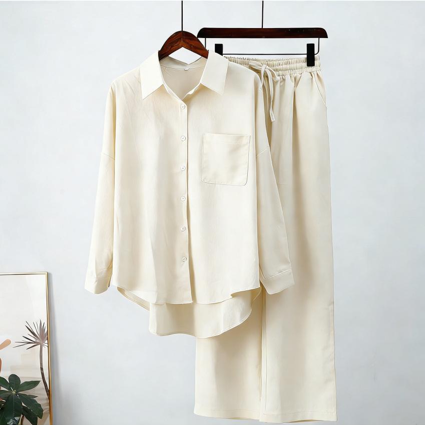 South East Asia Autumn and Winter Large Size Loose Elastic Wrinkle Long Sleeve Shirt Wide Leg Pants Fashion Casual Sports Suit