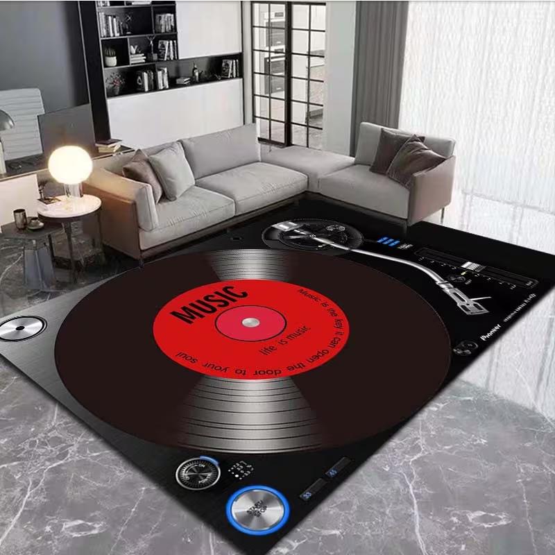 Vintage Vinyl Record Player Living Room Bedroom Large Carpet Retro Music Design Realistic Turntable Record Pattern Home Decor