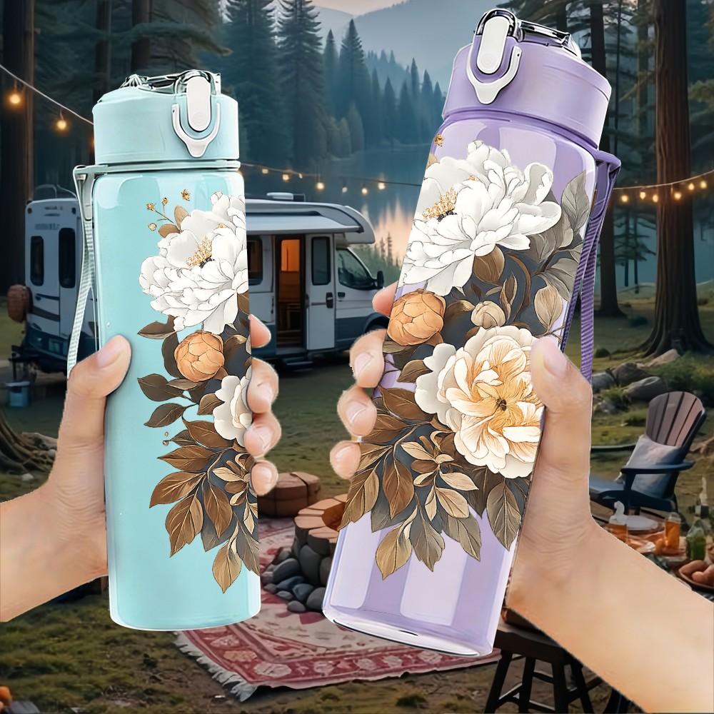 1PC Peony Rose Dried Bouquet Art Print 750ml Color Plastic Sports Water Bottle Leakproof Flip Straw Lid Suitable for Sports Office Home Use