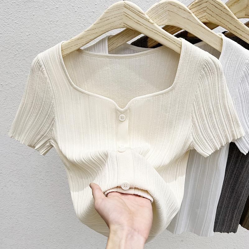 

Женские свитера, пуловеры 2025, лето, короткий рукав, квадратный воротник, повседневный черный вязаный свитер, женские топы, пуловер JJ298 One Size абрикосовый