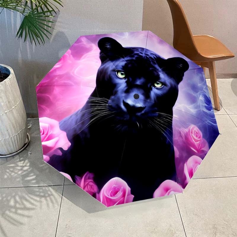 Snow Leopard Black Panther Folding Umbrella Auto-Open Design 8 Iron Ribs Plastic Handle Foldable Sunshade Perfect Christmas Gift