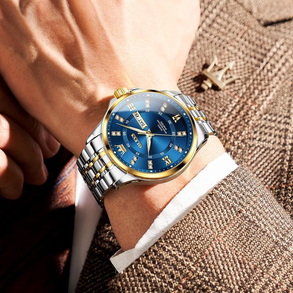 OLEVS Men's Diamond Watch Business Dress Watch Waterproof Luminous Golden Big Dial Quartz Analog with Date Calendar and Stainless Steel Band