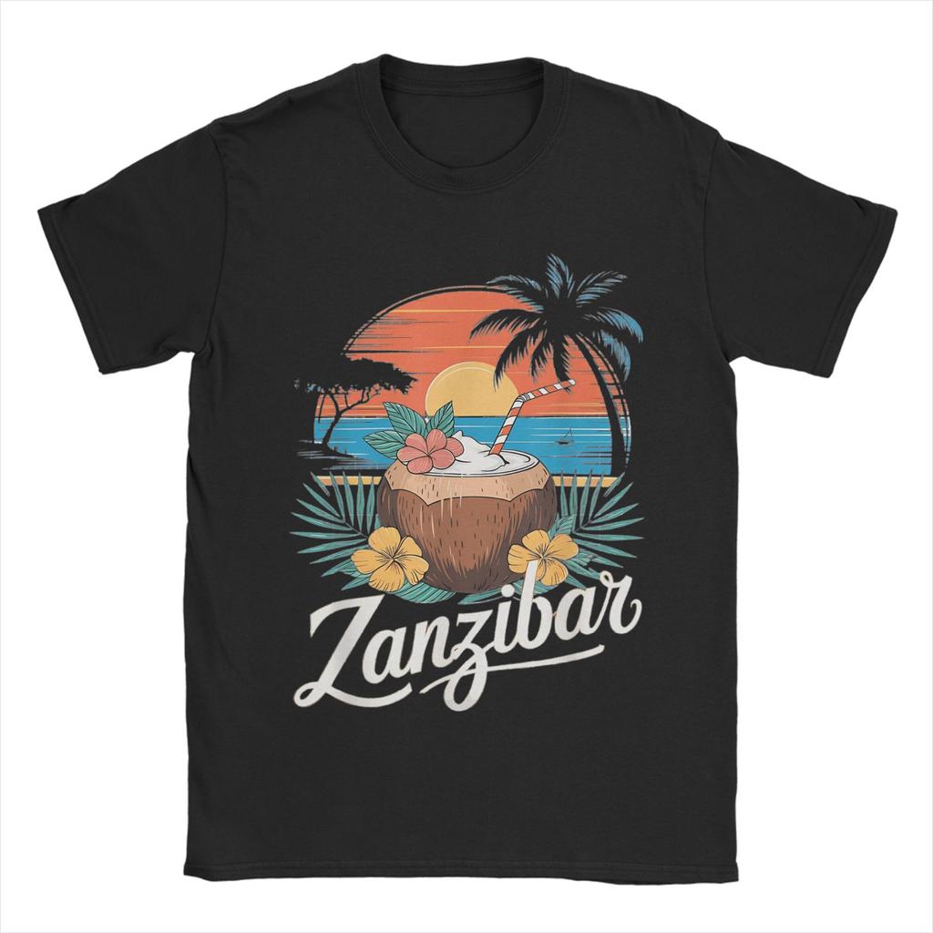Tanzania Zanzibar Africa Tramonto Spiaggia delle Palme Stile di Vita e Cocco Maglietta Estate Cotone Manica Corta Abbigliamento Vintage