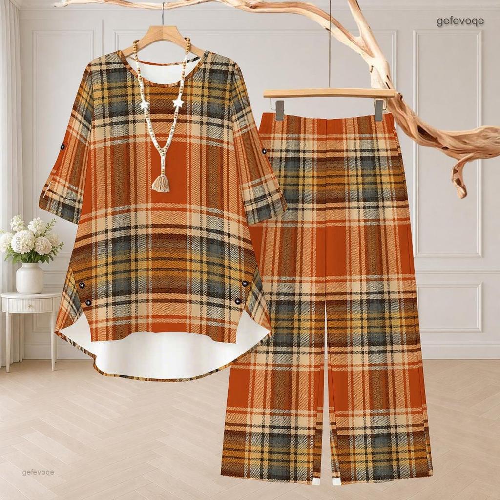Women Plus Size Printed Round Neck Mid Sleeve High Low Top Wide Leg Pants Two Piece Set