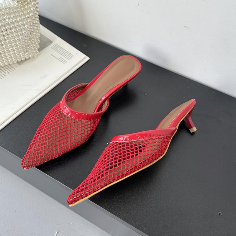 Fashion SUOJIALUN Women Slipper Fashion Pointed Toe Slip On Ladies Elegant Mesh Mules Shoes Thin High Heel Outdoor Sandal Big Size 41