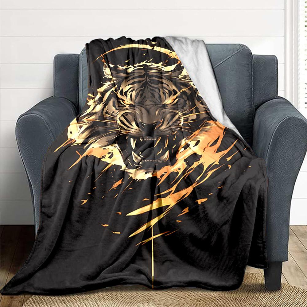 1pc Tiger Head Design Blanket, Lightweight Flannel Throw For Sofa, Bed, Travel, Camping, Livingroom, Office, Couch, Chair
