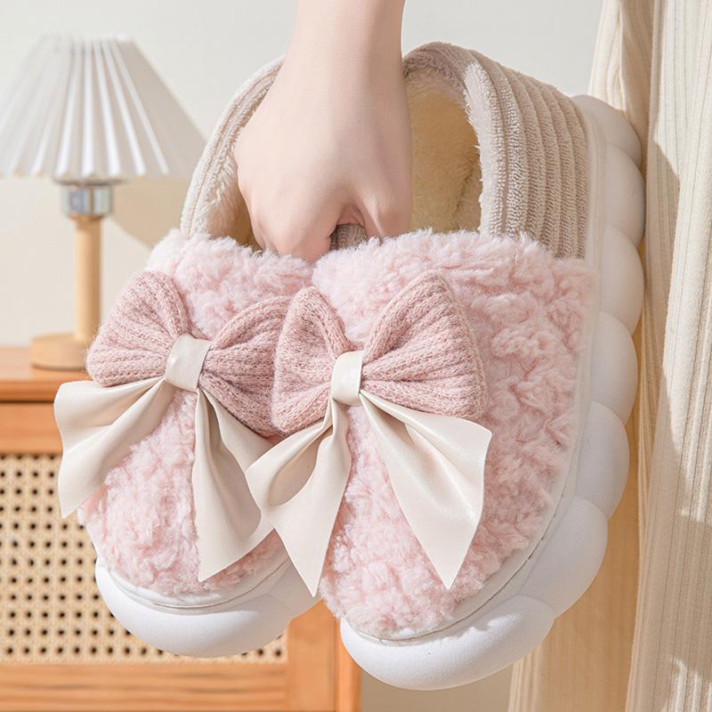 Cotton Slippers for Women Autumn and Winter Thick Sole Indoor Home Warm Couples Shoes Bow Non-Slip Flat Platform Women's Slipper