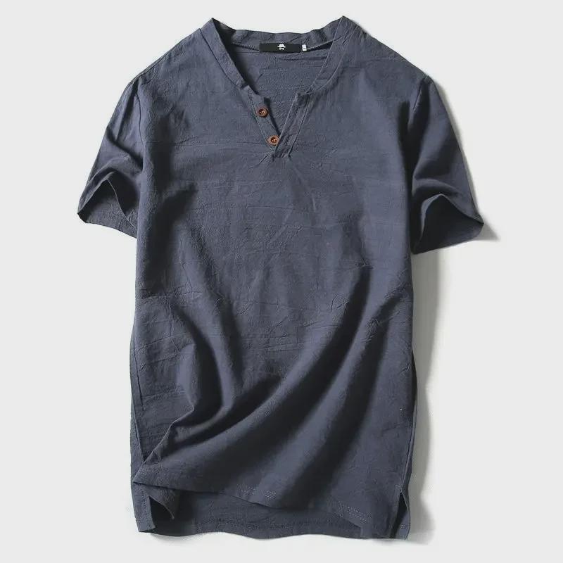 Men's Chinese-Style Short-Sleeve V-Neck Linen T-Shirt