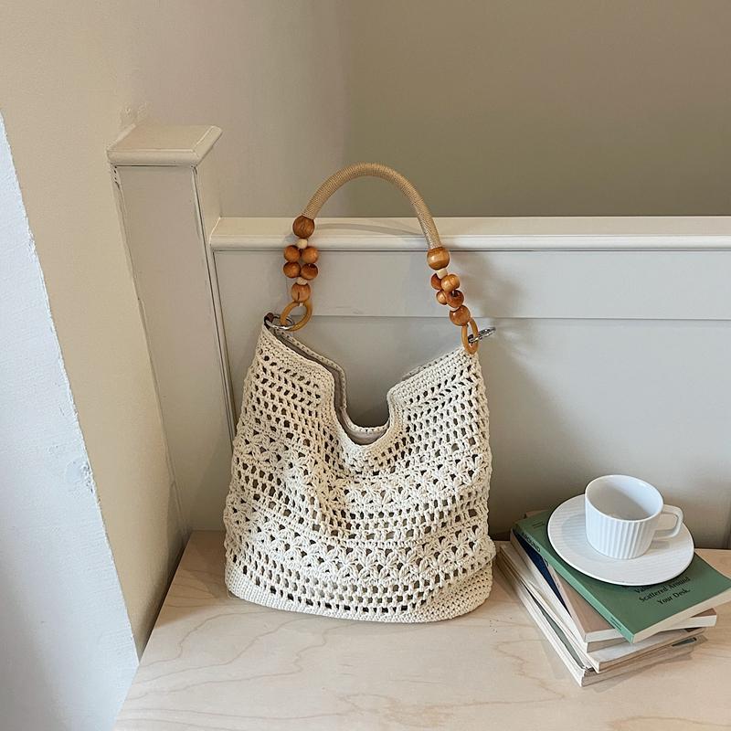

Women s Small Woven Wooden Bead Handbags Female Daily Summer Beach Casual Shoulder Bags 2026 New Fashion Trend Underarm Bag 37cmx32cmx9cm бежевый