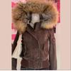 Autumn Winter Vintage Brown Short Hooded Jacket Women's Full Sleeve Slim Detachable Fur Collar Warm Female Y2k Outwears
