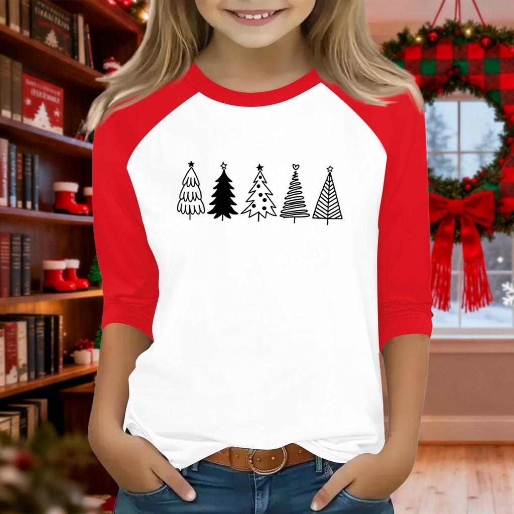 Oberteile für junge Mädchen 4-16 Jahre Rundhals 3/4-Ärmel T-Shirts Trendige Oberteile Outfit T-Shirts Weihnachtstag