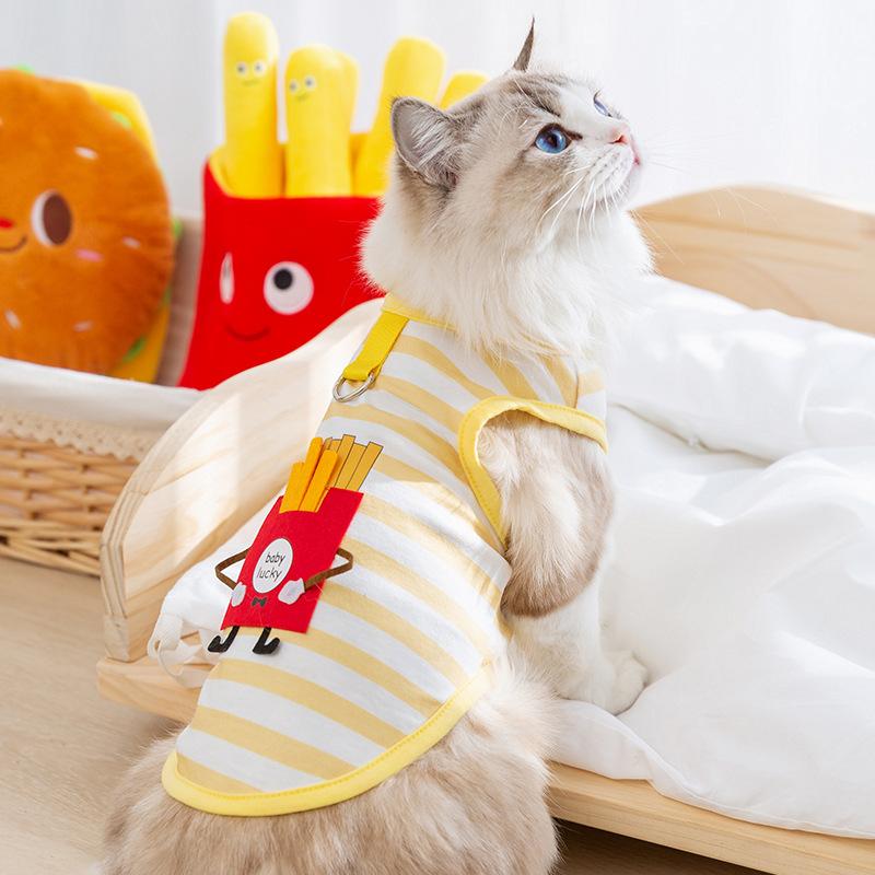 Cat Spring and Summer Thin Breathable Three-dimensional French Fries Backpack Traction Striped Vest Dog Small Dog Pet Clothes