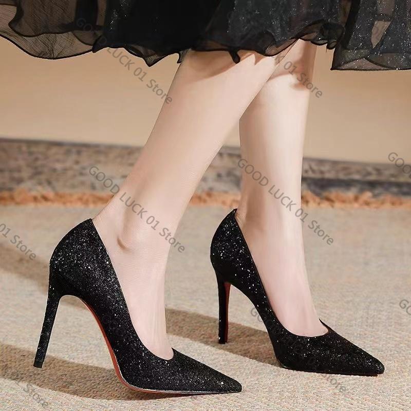 Fashion Fashion European Sexy Nightclub Slim High Heels Oversized Red Sole Women's Wedding Sequin Pointed Stiletto Heels Large Size 43