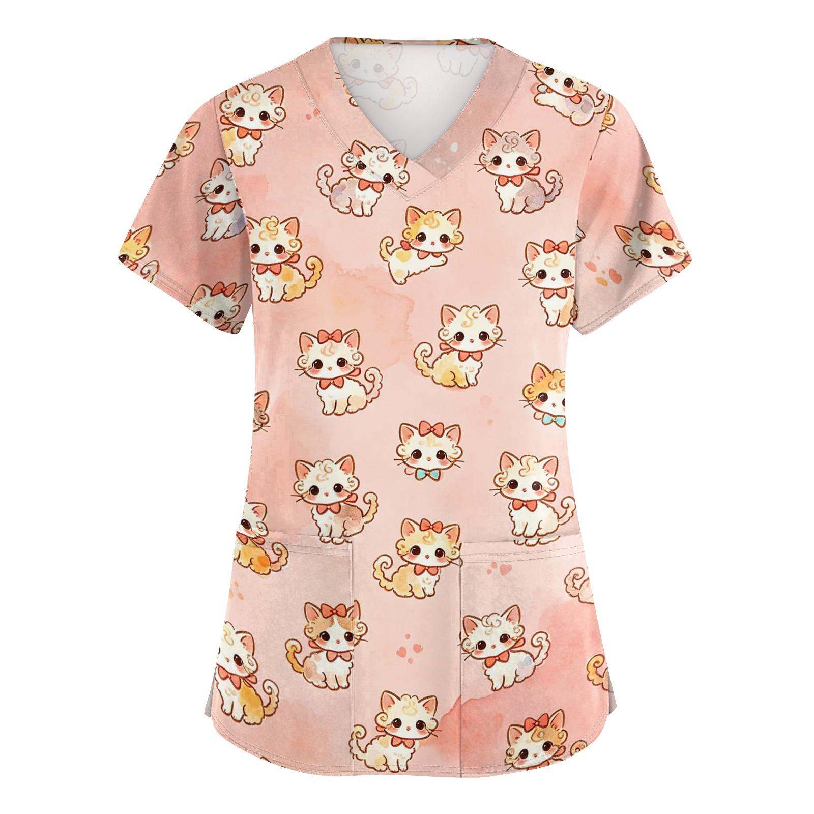 

Women V Neck Short Sleeve Work Top with Pockets Animal Print Medical Scrub Shirt Comfortable Fit Durable Fabric Suitable for Healthcare Professionals M розовый