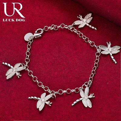 925 Sterling Silver Five Dragonfly AAA Zircon Pendant Bracelet, Fashionable Wedding Jewelry