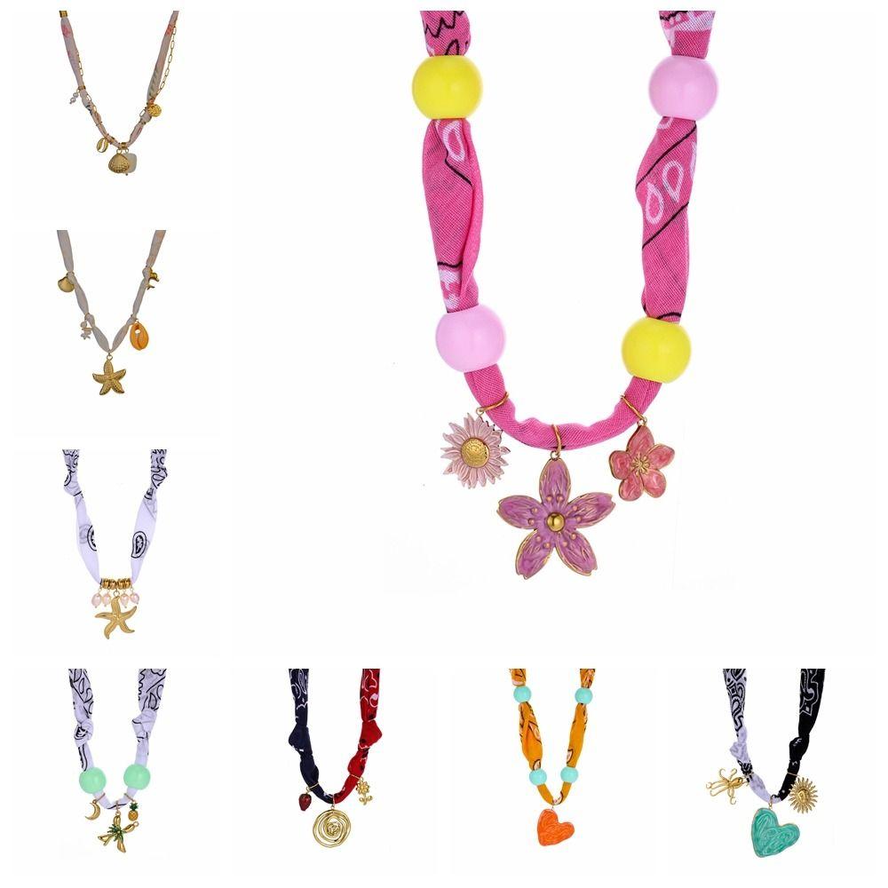 Personality Flower Scarf Chain Necklace Ethnic Style Ocean Series Necklace Nylon Rope Choker  Women