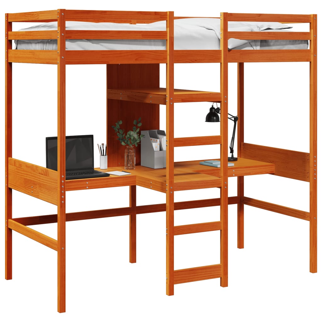 Vidaxl Łóżko Na Antresoli, Z Biurkiem I Półkami, Brąz, 90X200Cm, Sosna