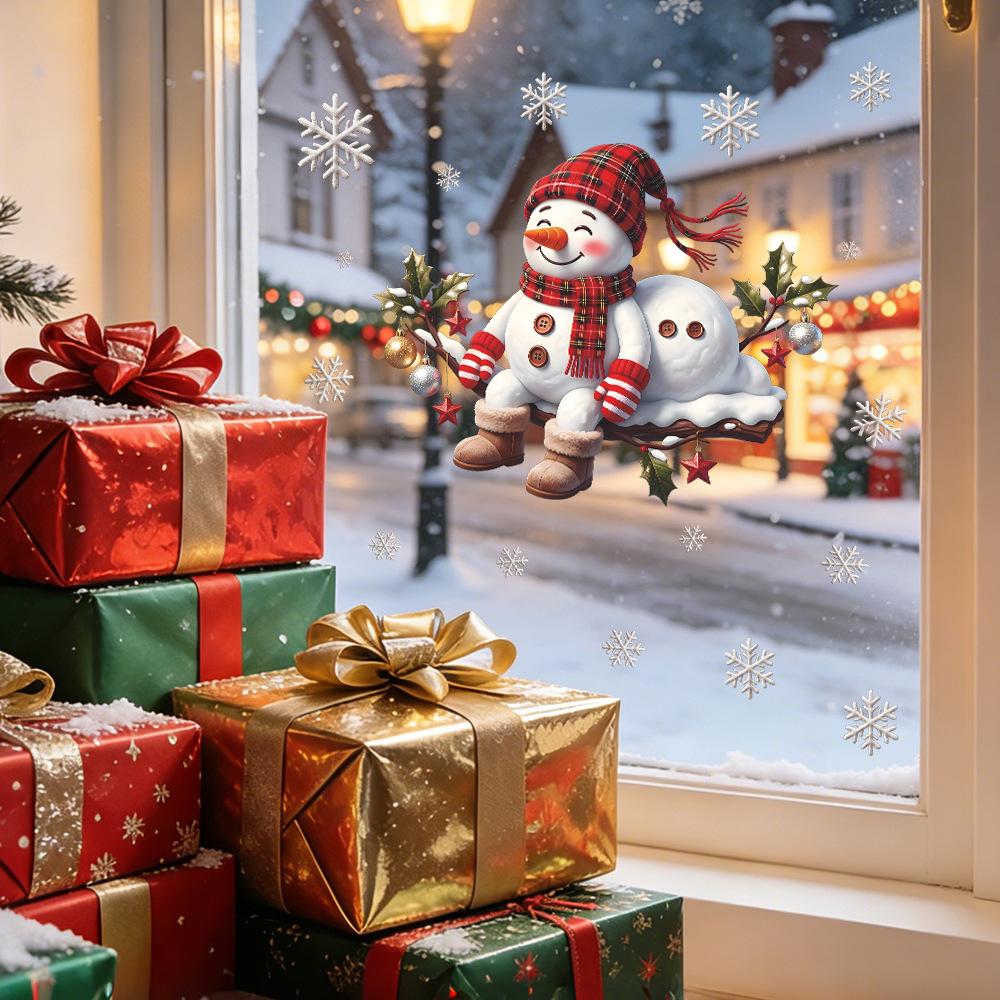 Christmas Painted Snowman, Snowflakes, Balcony Glass Window Decoration, Beautification, Static Cling Stickers