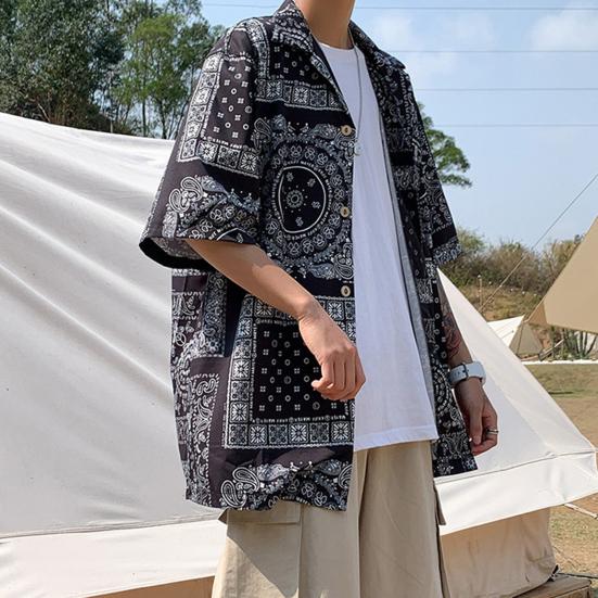 Women Shirt Lapel Short Sleeve Printing Shirt Tops Loose Fit Buttons Placket Casual Beach Vacation Tops