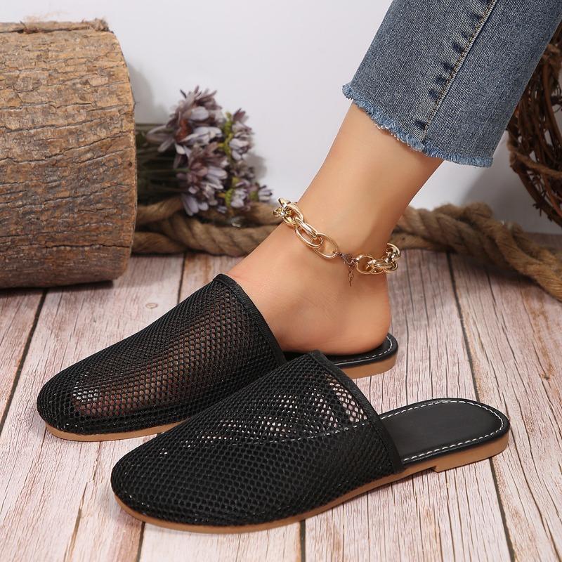 

Тапочки на плоской подошве в форме сетчатого хлеба для женщин, простые, большого размера, ленивые, перфорированные, дышащие, классные тапочки 44 чёрный