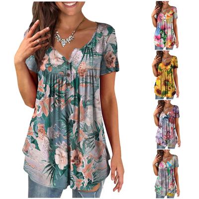 Tunique à manches courtes pour femmes, hauts amples, décontractés, grande taille, tunique plissée, boutons, décontracté, été, cravate florale, hauts pour femmes