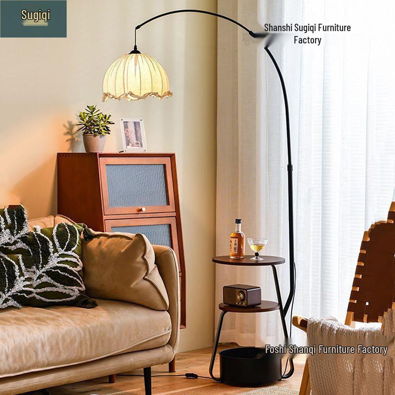 Antique-Style Floor Lamp with Integrated Coffee Table and Storage Rack