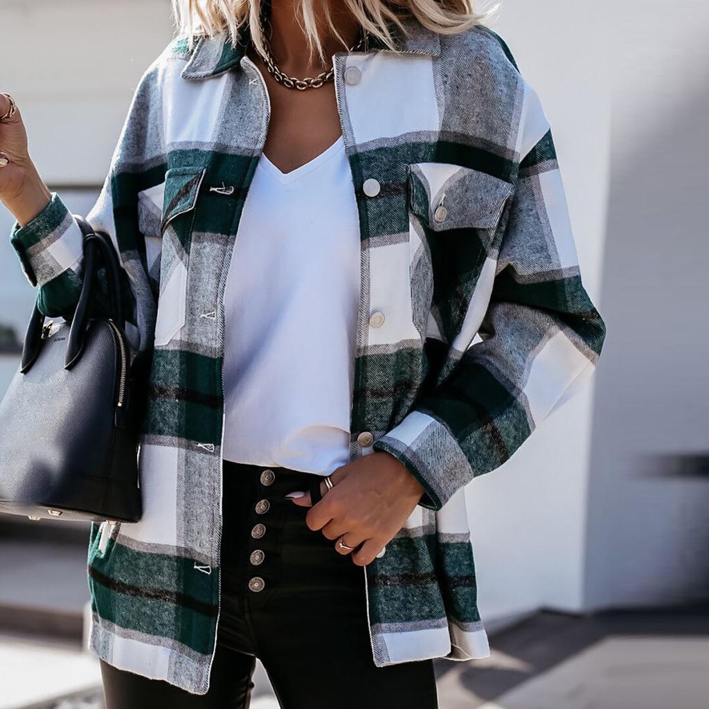 Women's  And Winter Fashion Loose Plaid Print Pocket Long Sleeve Jacket