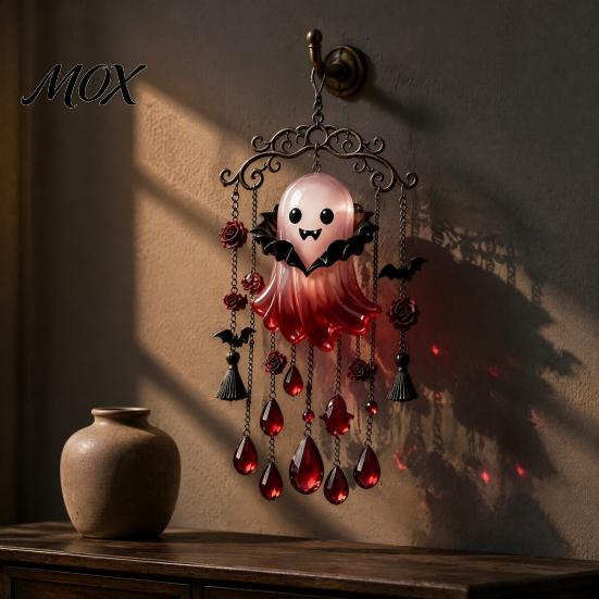 Alloy Chain Wind Chime Halloween Ghost Decoration, Vintage Sun Catcher with Faux Crystal Hanging Ornament Drops Tassels, Acrylic for Holiday