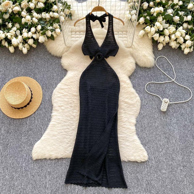 Women's Vacation Style Halter Dress Summer Deep V-neck Slit Backless Strappy Dress