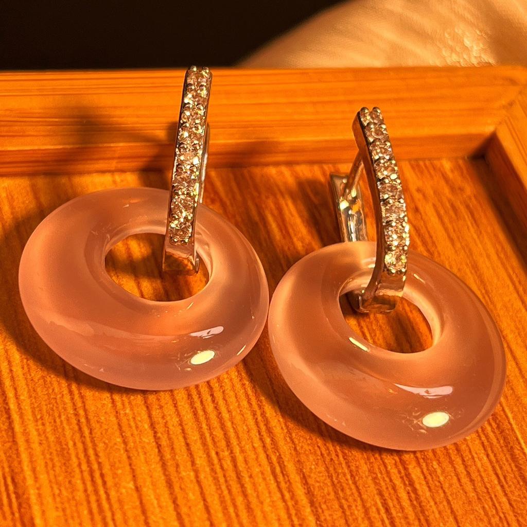 Jade Glowing Natural Pink Chalcedony Earrings Agate Studs, Real Shot