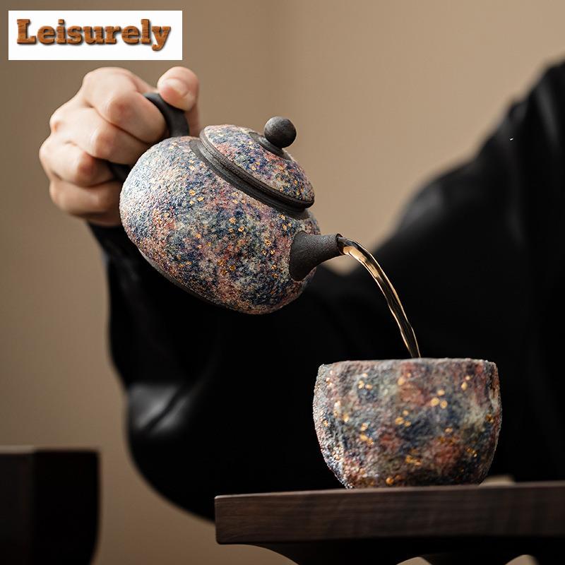 140ML Handmade Rock Mine Xishi Teapot Aesthetic Gold Pointing Pot Tea Making Kettle Chinese Tea Set Accessories Collection Gifts