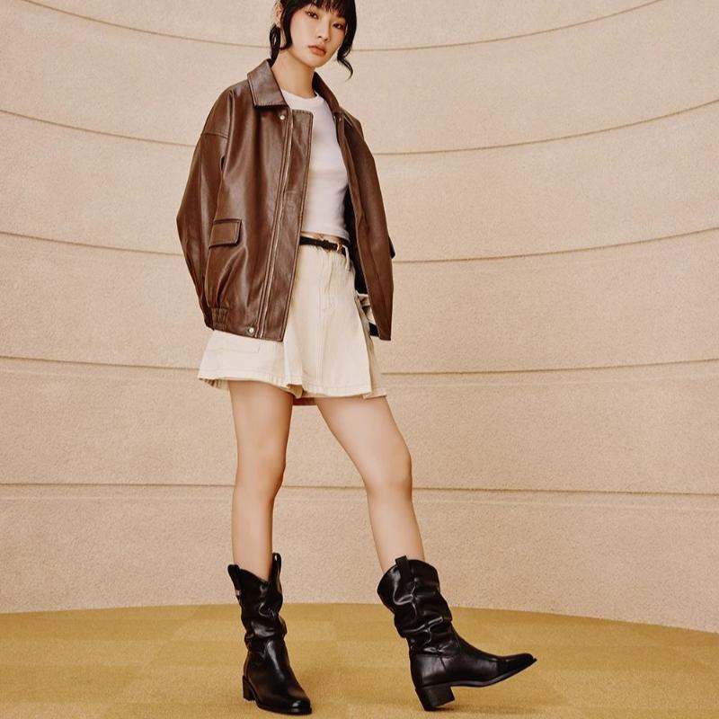 

Fashion 2024 Winter Women s Fashion Boots Solid Color Leather Elegant Fashion Pointed Toe Thick Heel Boots Casual Retro Women s Shoes 42 чёрный